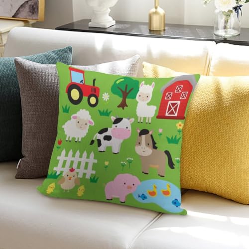 Farm Green Cartoon Animal Throw Pillow Cover 18x18 for Kids