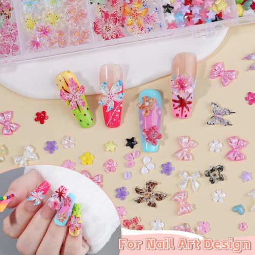 Umillars 3D Flower Nail Charms Set with Tweezers - Colorful Spring Resin Cherry Blossom Flatback Petals for Nail Art DIY Crafts