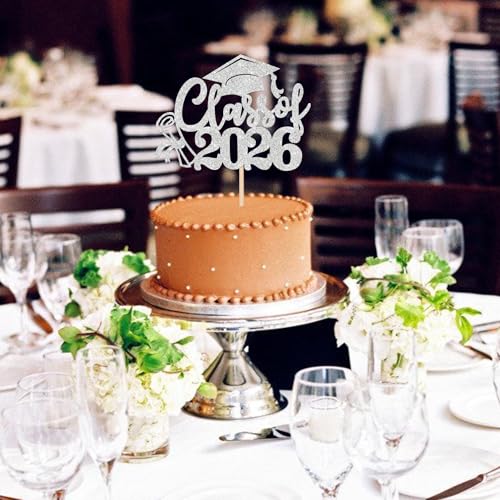 Class of 2026 Silver Glitter Cake Topper Congrats Grad Cap Diploma Pick