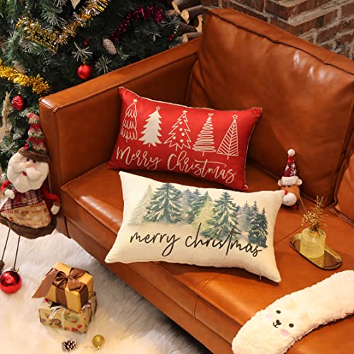 Merry Christmas Lumbar Pillow Cover, 12x20 Farmhouse Holiday Throw Case