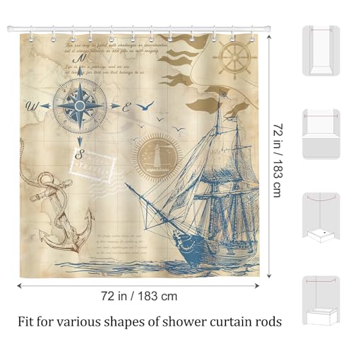 Nautical Shower Curtain - Vintage Sailboat & Anchor Design, 72x72