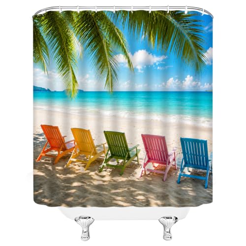 Colorful Beach Shower Curtain 70" x 70" - Tropical Palm & Ocean Scene
