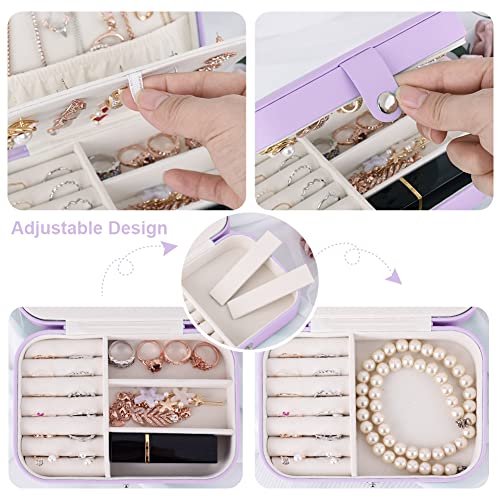 Purple Travel Jewelry Organizer Box with Double Layer for Necklaces, Earrings & Rings