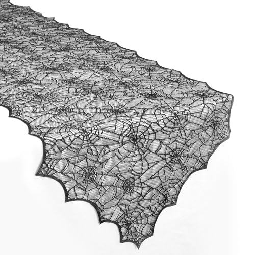 UnslQonds 18x72 Inch Black Lace Spider Web Halloween Table Runner Decor