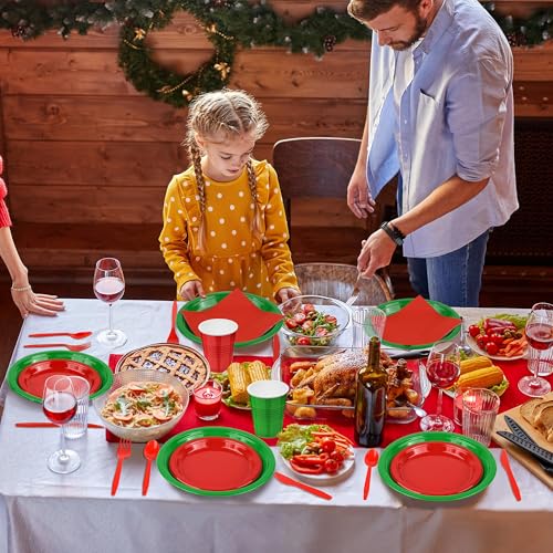 Christmas Party Disposable Dinnerware Set 400 Pieces Red & Green Includes Plates Cups Cutlery Napkins for Festive Events - Red, Green