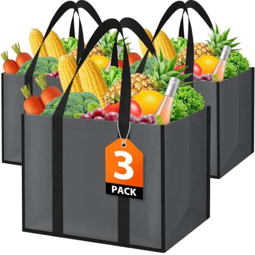 WISELIFE 35L Reusable Grocery Bags, Foldable, Gray, 3 Pack