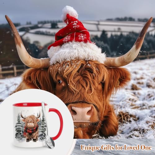 Highland Cow Christmas Mug with Spoon - Festive Holiday Coffee Cup - Xmas WR