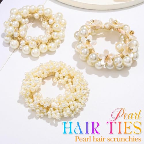BARTOSI Pearl Scrunchies Beaded Hair Ties Ponytail Holder 3-Pack