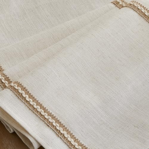 Jute Table Runner 108 Inch Farmhouse Linen with Natural Jute Lace - Off White
