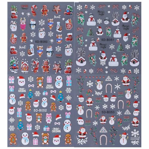 SWEET TREND 3D Christmas Nail Art Stickers - 4 Sheets Embossed Holiday Decals