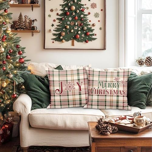 Christmas Throw Pillow Covers Set of 2 - White 20x20 Plaid Holiday Decor