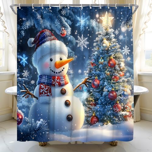 ABONAN Winter Snowman Shower Curtain, 70 x 70 Inch Christmas Bathroom Decor