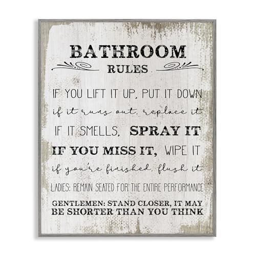 Stupell Industries Bathroom Rules Funny Word Wood Textured Design Gray Framed Giclee, 11x14