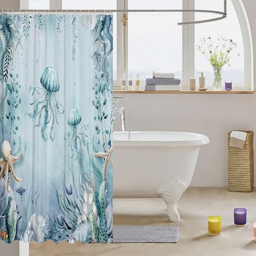 Erosebridal Jellyfish Blue Beach Shower Curtain Set 72x78 Inches Cyan Light Beige Waterproof