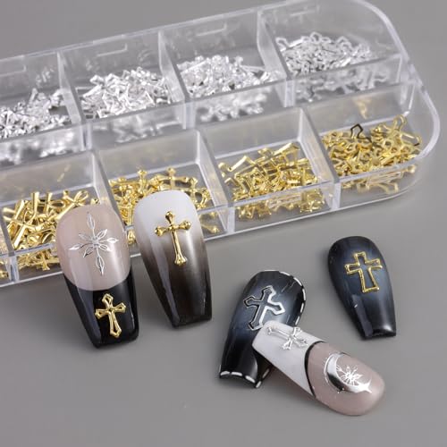 FSpronail 3D Metal Cross Nail Charms - Gold & Silver Y2K Art Accessories Set