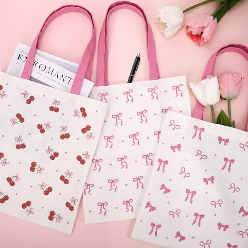 JATEBI 3-Pack Cute Double-Sided Tote Bags - Pink Reusable Grocery Totes with Inner Pocket