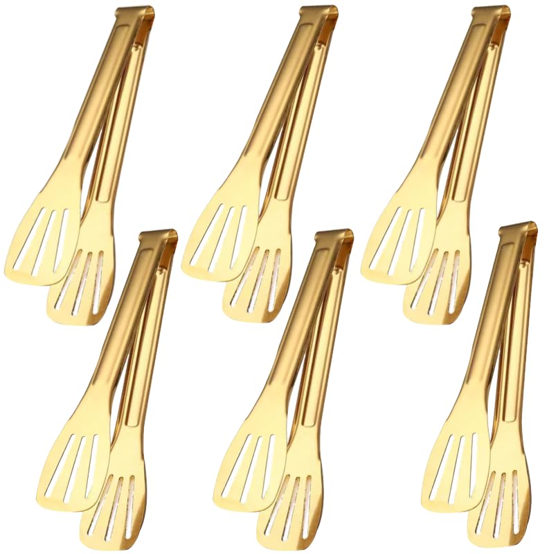 7-Inch Gold Stainless Steel Serving Tongs - 6 Pack for Buffet & Parties
