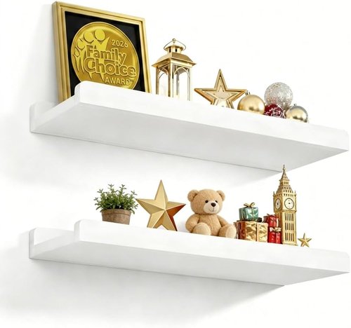 Love-KANKEI Floating Shelves - Set of 2 Rustic Wood Wall Mounted 17 Inch Storage Shelves | White Finish for Home & Office