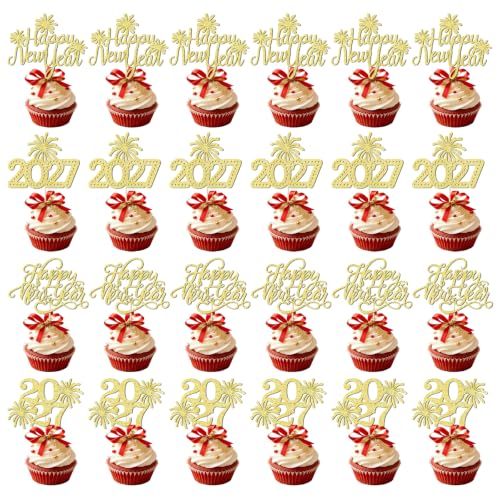Happy New Year Gold Glitter Cupcake Toppers - 24 Pack, Variation 9