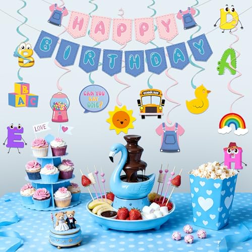 Cartoon Happy Birthday Banner and Hanging Swirls Party Decor Set