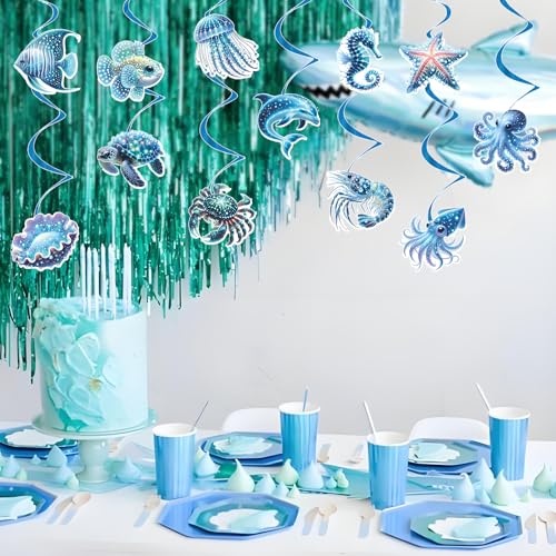 Blue Fish Hanging Swirls Decorations - Sea Animals Birthday Party Supplies