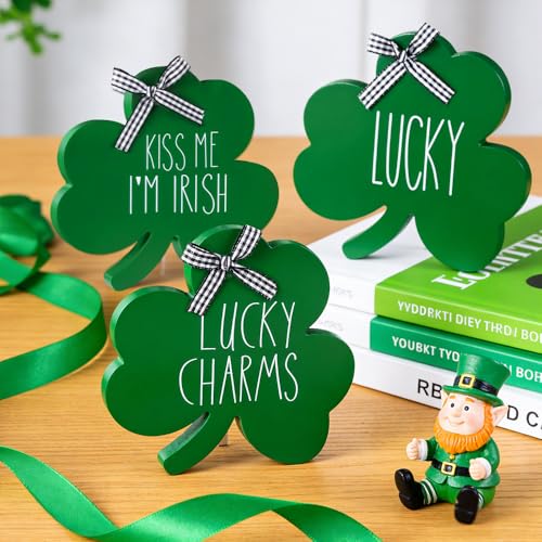 St. Patrick's Day Wooden Shamrock Table Signs - 3 PCS Decor