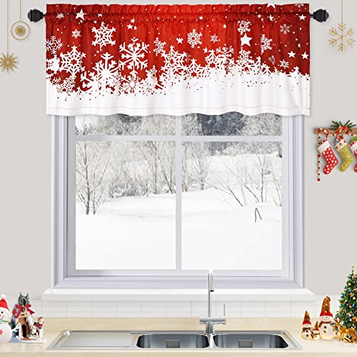 Christmas Velvet Kitchen Curtain Valance with Snowflake Pattern - Red, 52x15 Inches