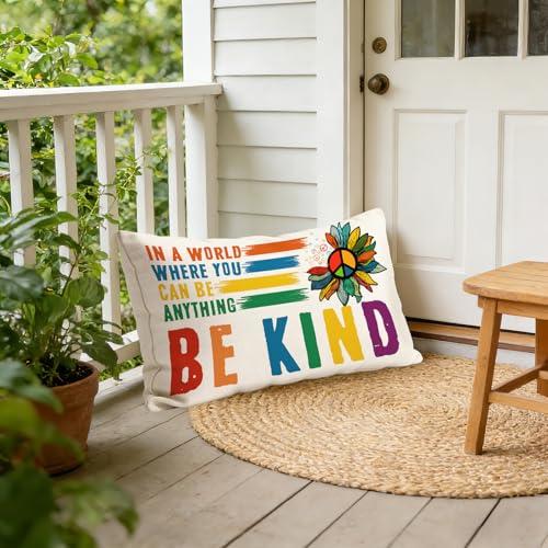 Be Kind Rainbow Pillowcase 12x20 Inch | Double-Sided Linen Throw Pillow Cover
