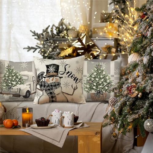 Christmas Throw Pillow Covers 18x18 Set of 4, Holiday Snowman Reindeer Decor