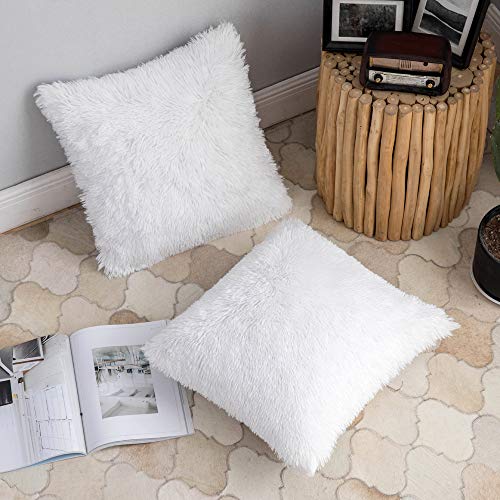 ANRODUO Faux Fur Throw Pillow Covers - 18x18 Inch White, Set of 2