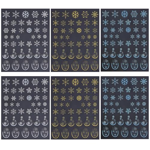 Snowflake Nail Art Stickers 6 Sheets – Gold White Blue 3D Decals for Winter Holidays