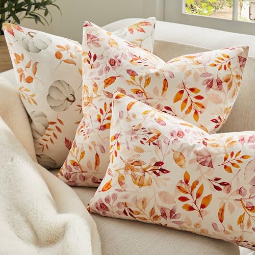 YZJZEDS 20x20 Inch Cotton Fall Pillow Covers Set of 2 Watercolor Leaf Print Farmhouse Decor