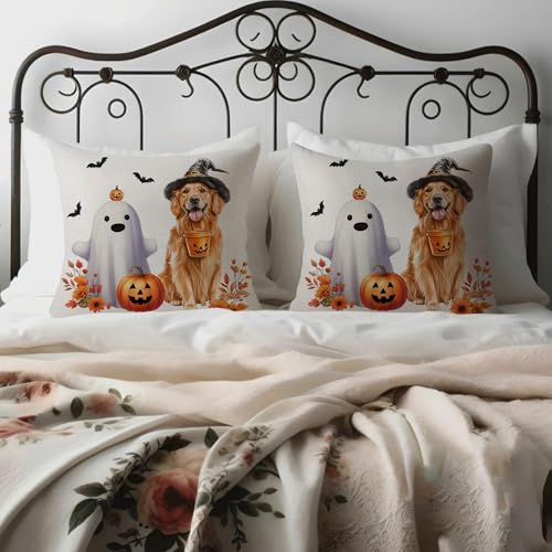 Halloween Pillow Covers Set of 2 - 18x18 Inch Ghost & Dog Decor