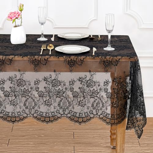 Black Lace Tablecloth 2 Pieces 60x120 Inch Vintage Floral Rectangular Overlay