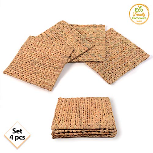 Water Hyacinth Square Placemats Set of 4 - Handmade Boho Rattan Table Decor