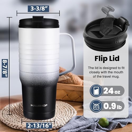 HAUSHOF 24 oz Travel Mug with Stainless Steel Handle - Leakproof Insulated Coffee Mug
