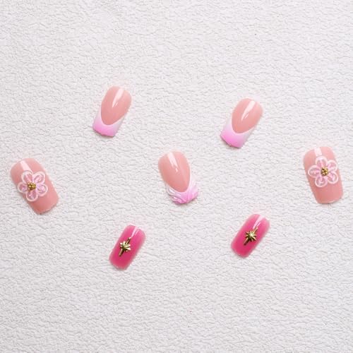 BUNLVDI French Tip Press on Nails Short Square Nude Pink 3D Flower False Nails