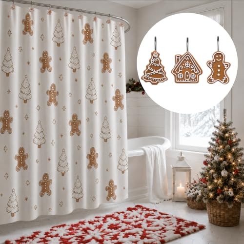 Sunlit Christmas Gingerbread Shower Curtain Hooks Set of 12 - Gingerbread Man, House & Tree Variations
