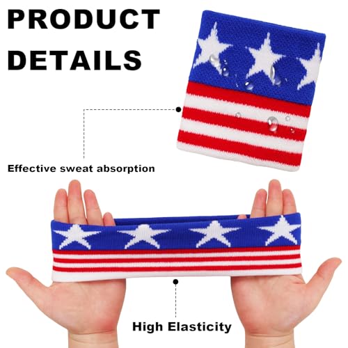 4 Sets American Flag Sports Headband and Wristband Striped Sweatband Headband and Wristband Set 4th of July Sports Sweatbands for Running, Basketball, Exercise