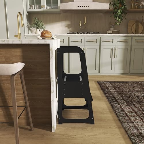 Dream On Me Explora Tower & Step Stool in Black – Solid Pinewood Kids Tower with 3 Adjustable Heights, Anti-Slip Base, Chalkboard for Creative Play