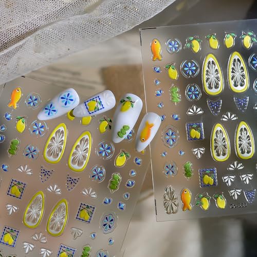 Tephrent 3 Sheets 5D Embossed Summer Fruit Lemon & Floral Nail Stickers