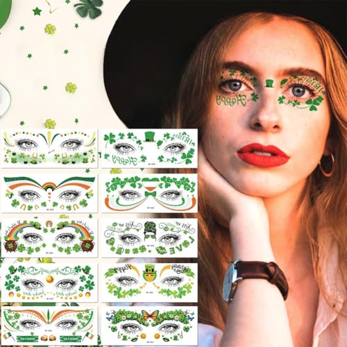 St. Patrick's Day Temporary Tattoos - 10 Sheets Waterproof Shamrock Face Stickers