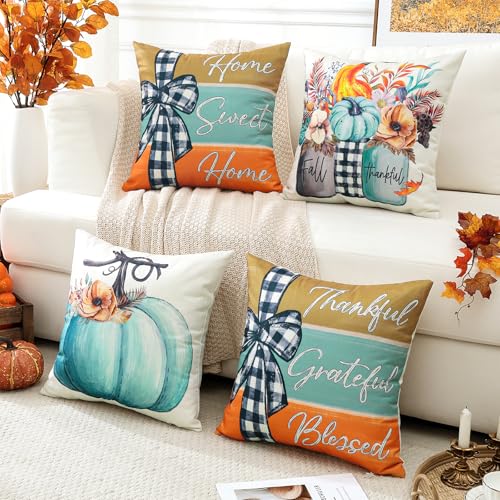 Artscope Fall Decorative Throw Pillow Covers, 18x18 Inch Blue Set of 4