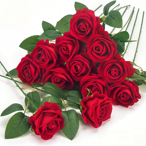 Red Velvet Roses Artificial Flowers - 12 Pcs for Home Decor & Events