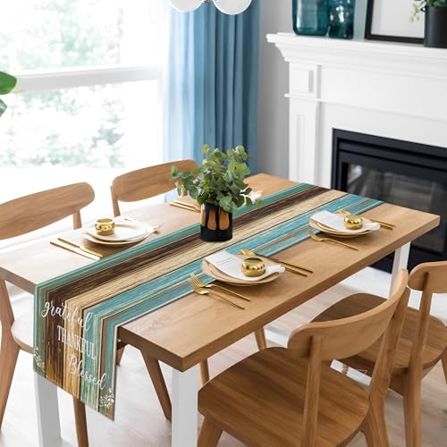 Farmhouse Blue Teal Table Runner 13 x 90 Inches Waterproof Linen for Thanksgiving