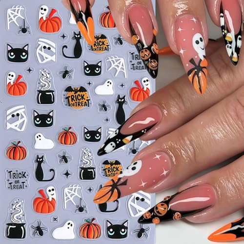 Halloween 5D Embossed Nail Stickers - 4 Sheets Cute Ghost Pumpkin Decals