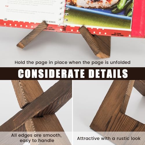 Canareen Rustic Brown Wooden Cookbook Stand for Kitchen Counter - Recipe Book Holder
