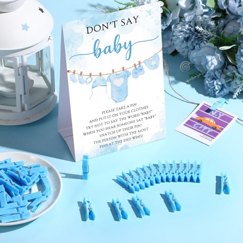 Cinnvoice 51 Pcs Don't Say Baby Game Sign & Blue Clothespins for Baby Shower Party
