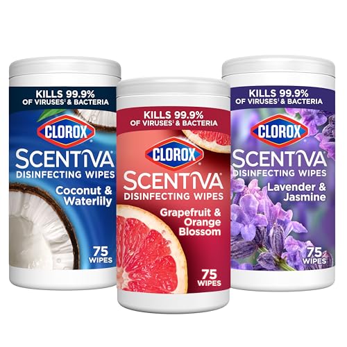 Clorox Scentiva Disinfecting Wipes Bundle - 75 Count Each, Pack of 3, Lavender Jasmine, Grapefruit Orange Blossom, Coconut Waterlily