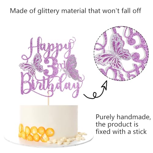 3D Butterfly Cake Topper for 3rd Birthday Party - Purple Glitter